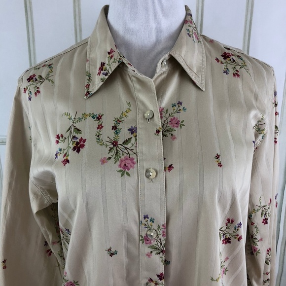 Button Down Tan Pink Floral Long Sleeve Career Top - Picture 3 of 8